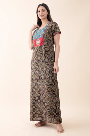 Floral Mosaic Printed Nighty - Brown