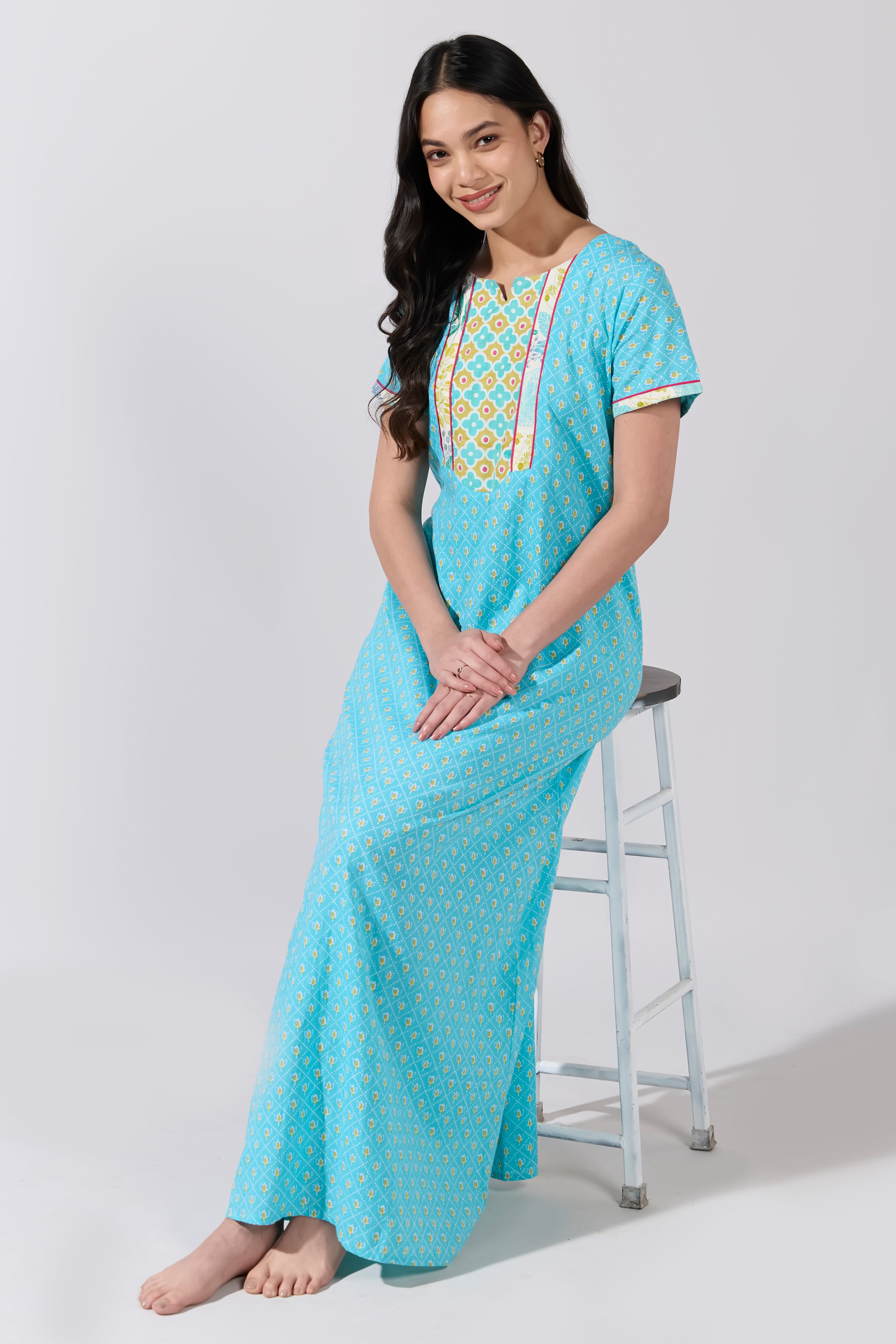 LIGHT BLUE LOTUS PRINT COTTON NIGHTWEAR