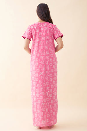 Bandhani Painted & Embroidered Nighty - Pink
