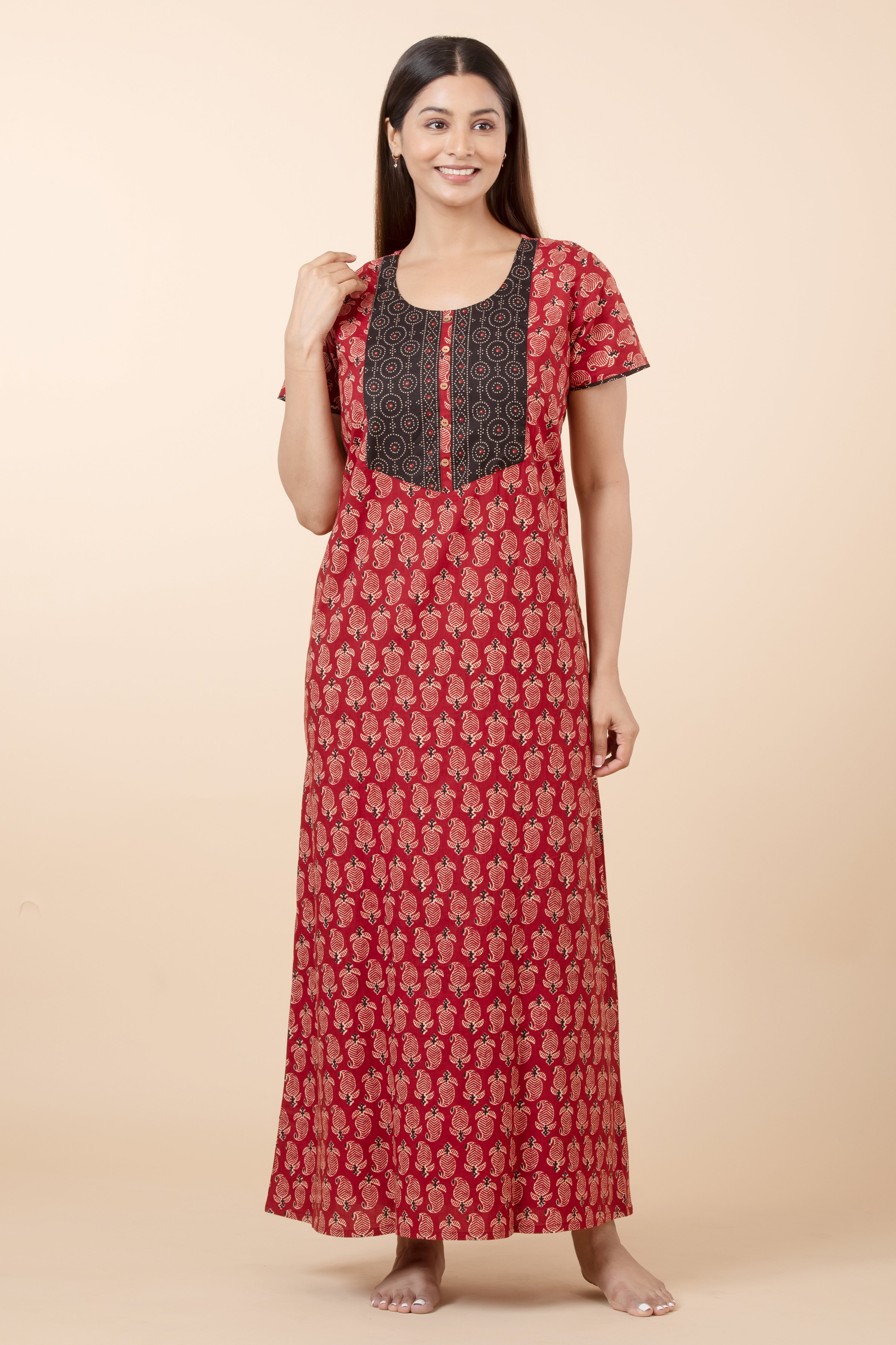 Paisley Printed Cotton Nighty - Maroon