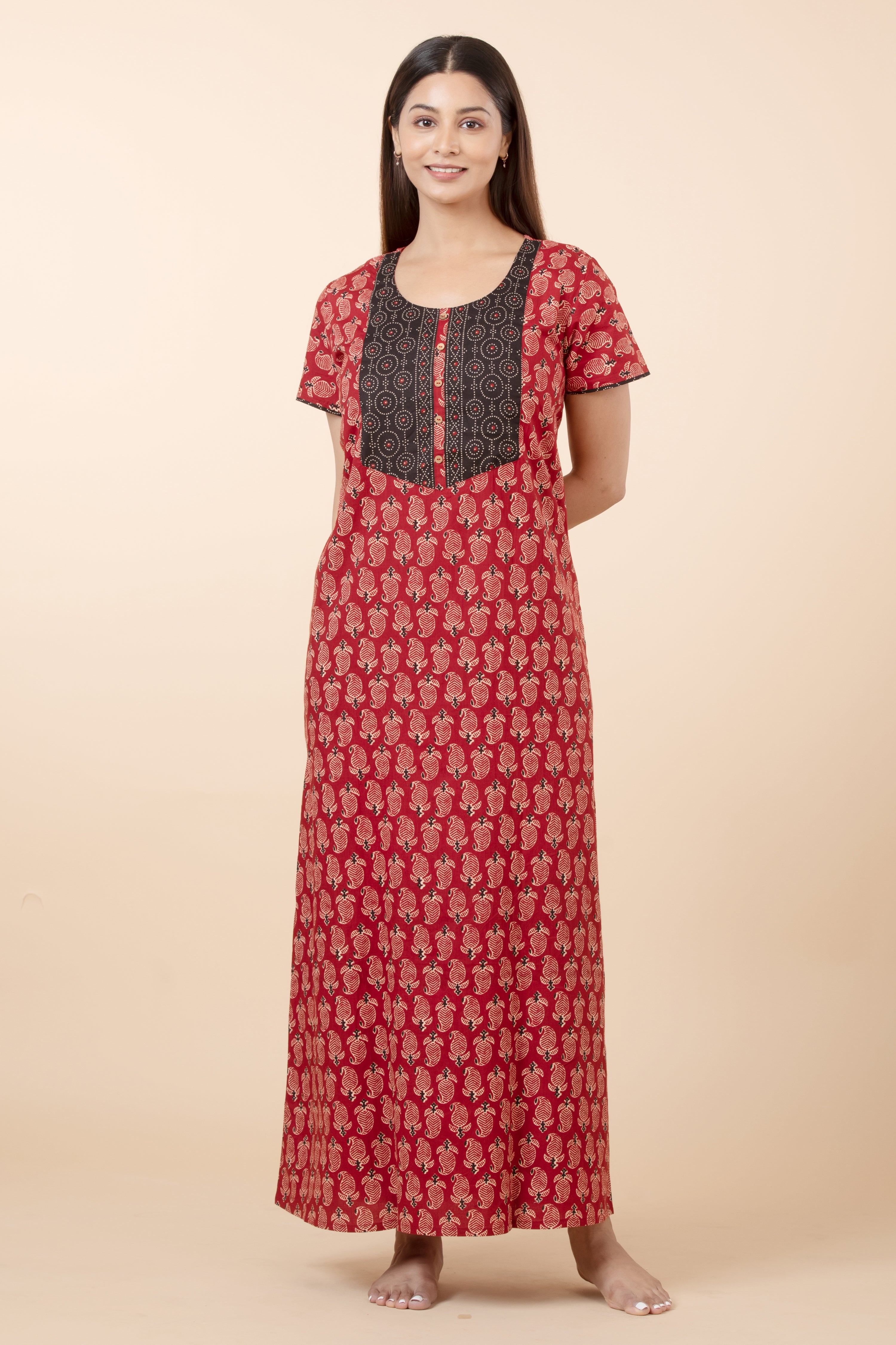 Paisley Printed Cotton Nighty - Maroon