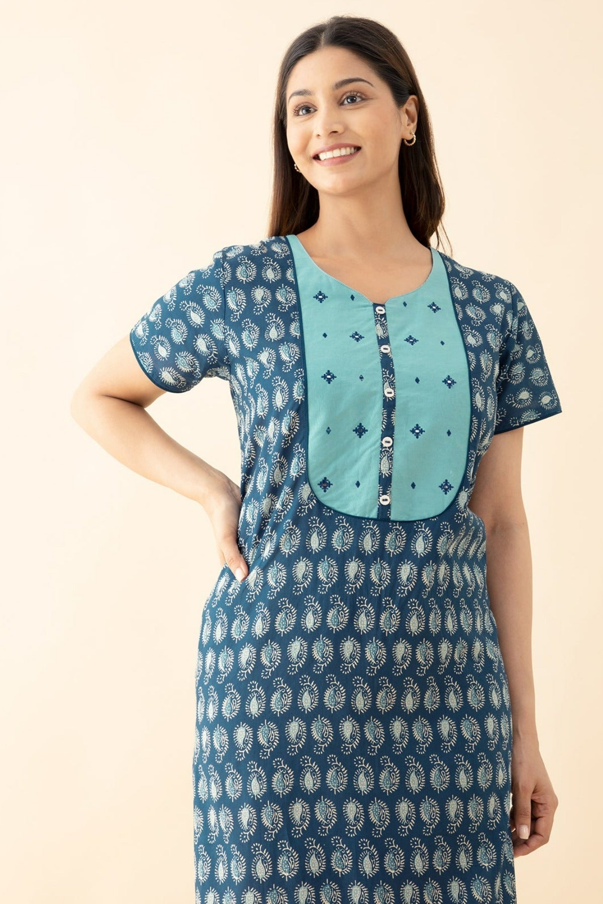 Paisley Printed & Mirror Embellished Nighty - Blue
