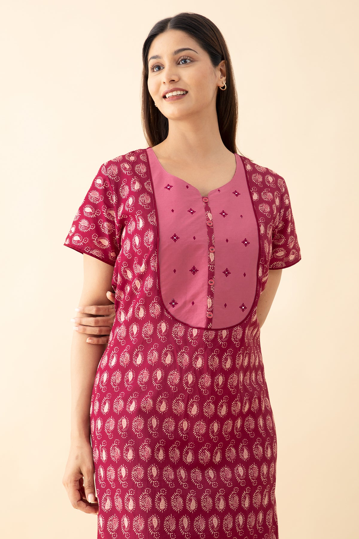 Paisley Printed & Mirror Embellished Nighty - Pink
