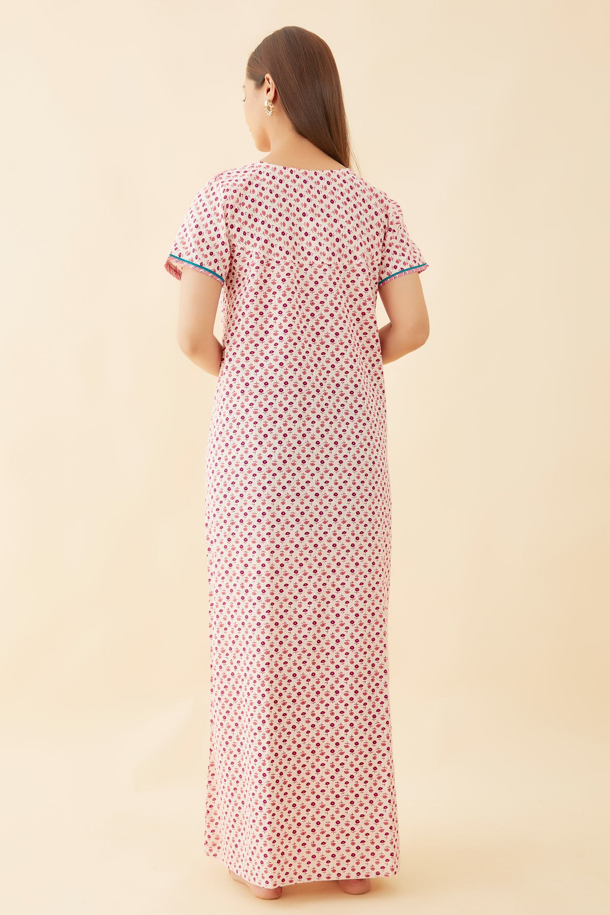 All Over Geometric Print With Crochet Detail Yoke Nighty - Pink