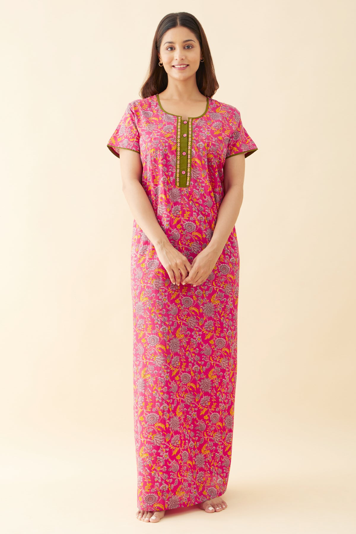 Jaipur Floral Printed Cotton Nighty - Pink