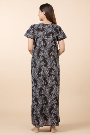 Floral Printed Nightwear with Lace-Embellished Yoke - Black