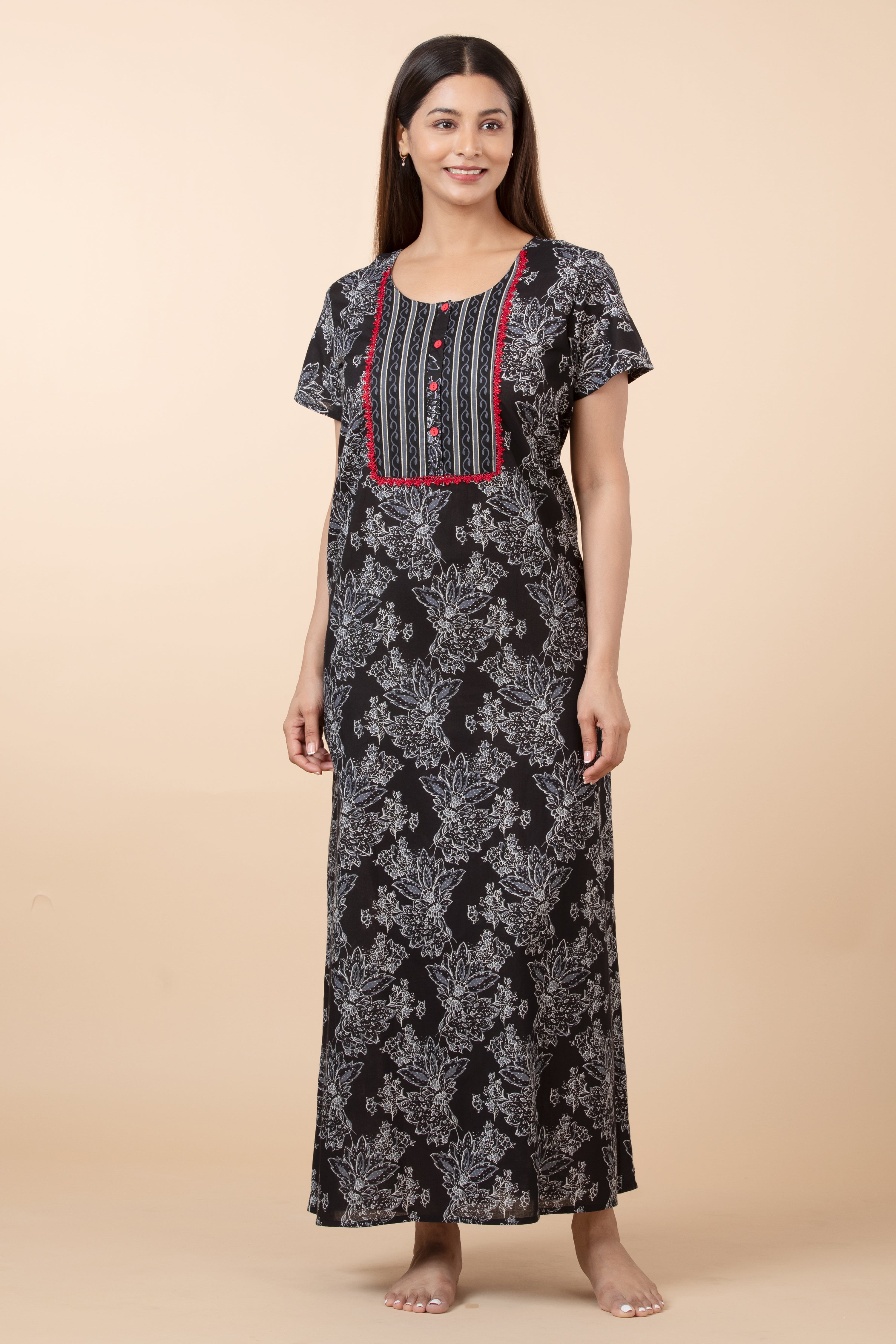 Floral Printed Nightwear with Lace-Embellished Yoke - Black