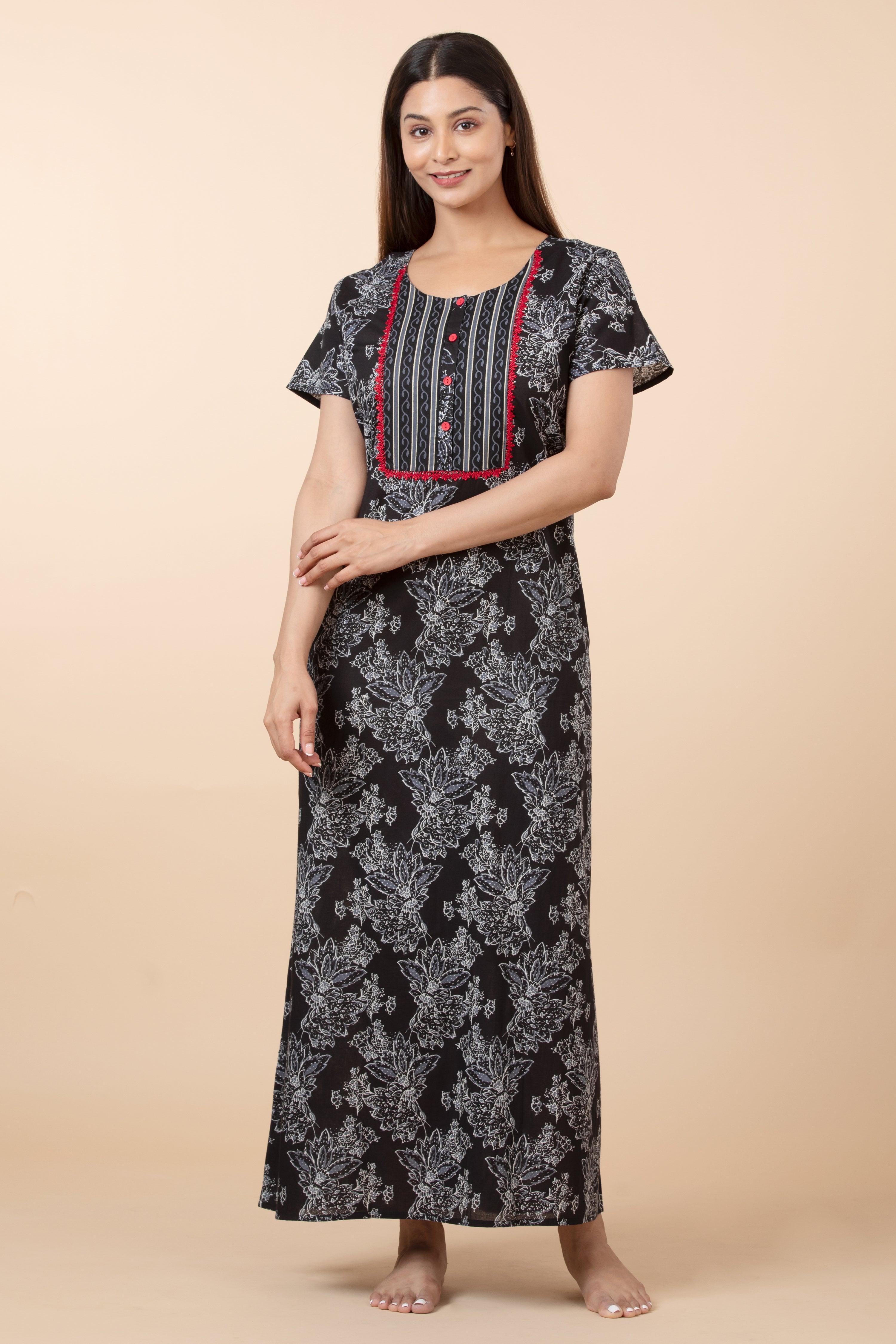 Floral Printed Nightwear with Lace-Embellished Yoke - Black