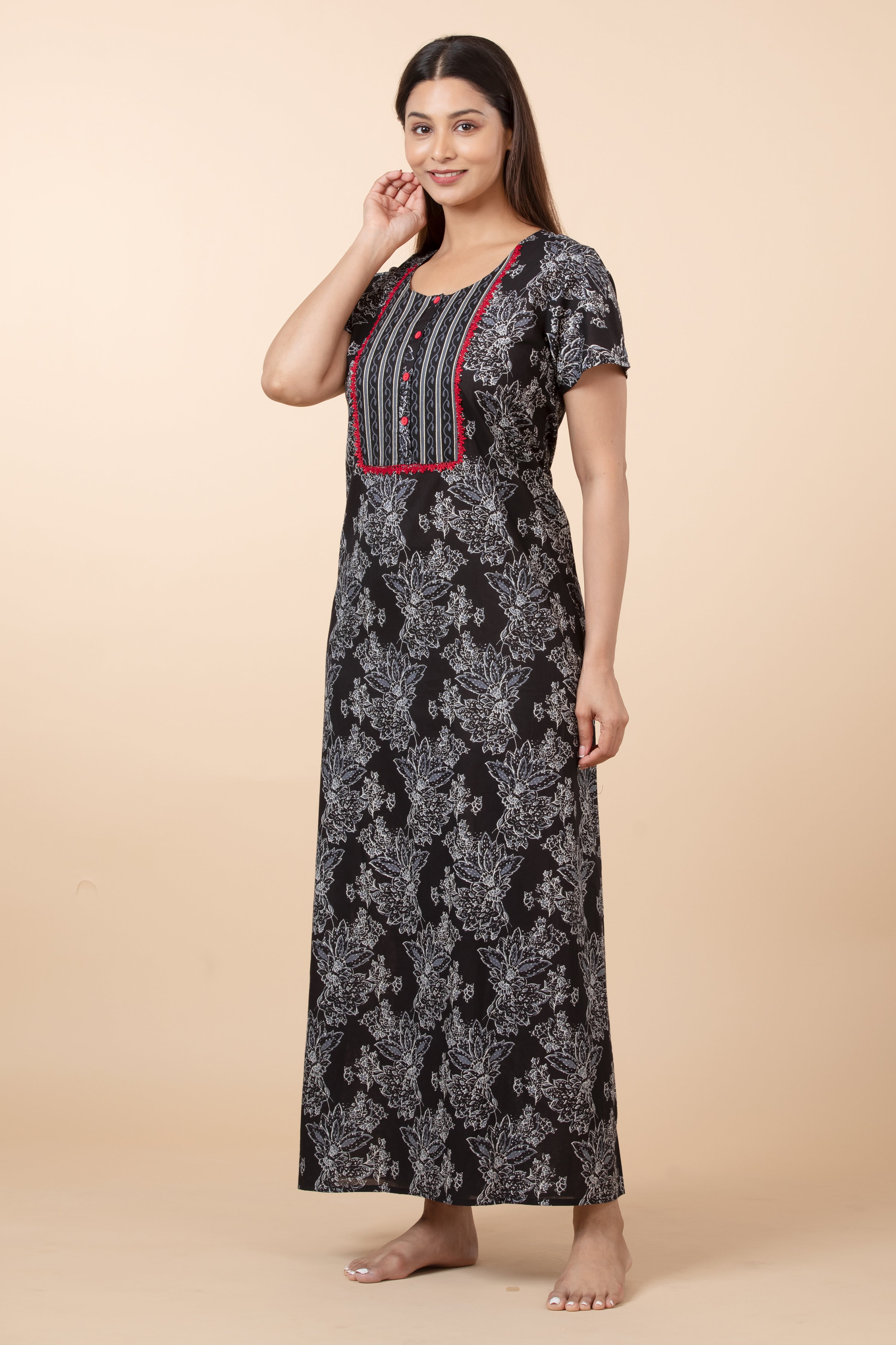 Floral Printed Nightwear with Lace-Embellished Yoke - Black