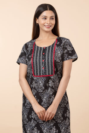 Floral Printed Nightwear with Lace-Embellished Yoke - Black