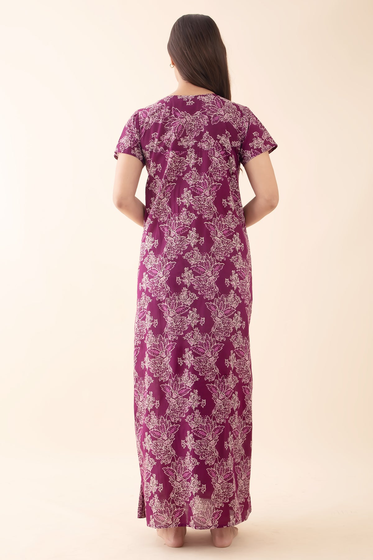 Floral Printed Nightwear with Lace-Embellished Yoke - Purple