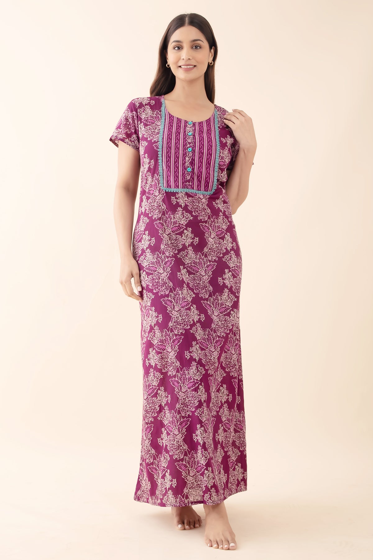 Floral Printed Nightwear with Lace-Embellished Yoke - Purple