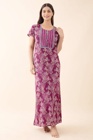 Floral Printed Nightwear with Lace-Embellished Yoke - Purple