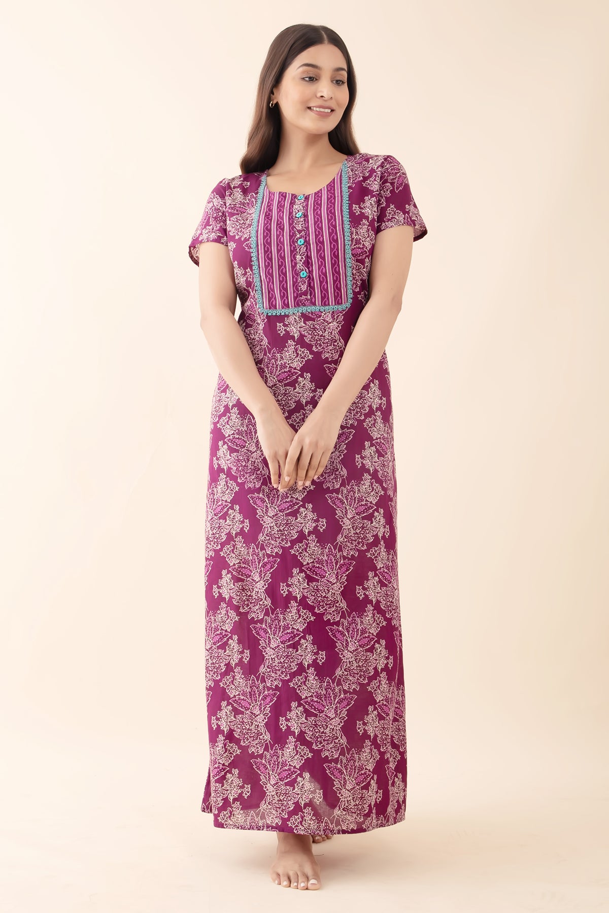 Floral Printed Nightwear with Lace-Embellished Yoke - Purple