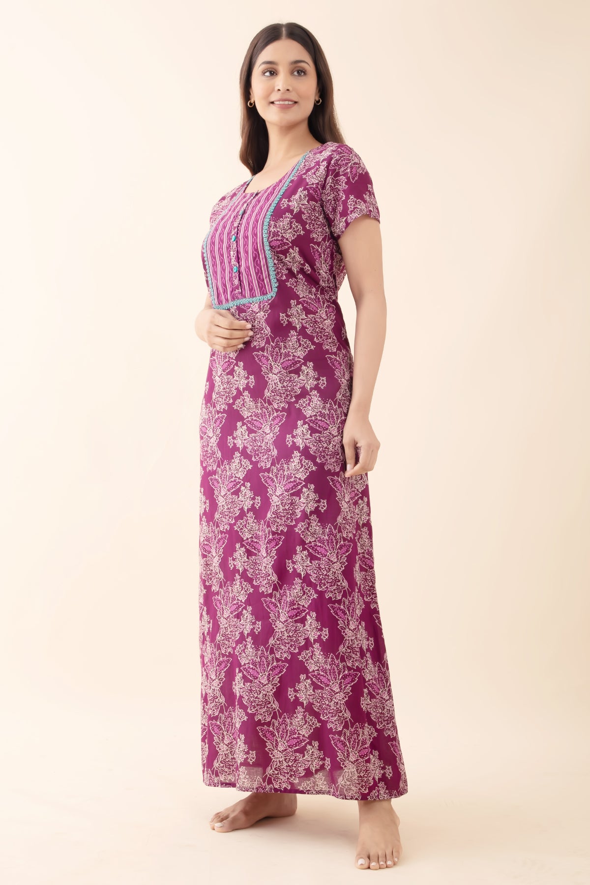 Floral Printed Nightwear with Lace-Embellished Yoke - Purple