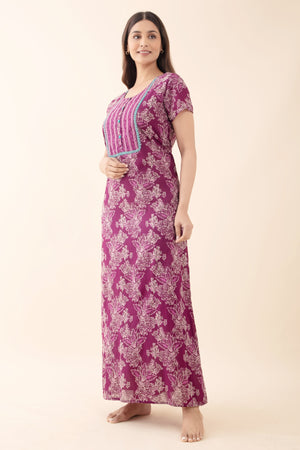 Floral Printed Nightwear with Lace-Embellished Yoke - Purple