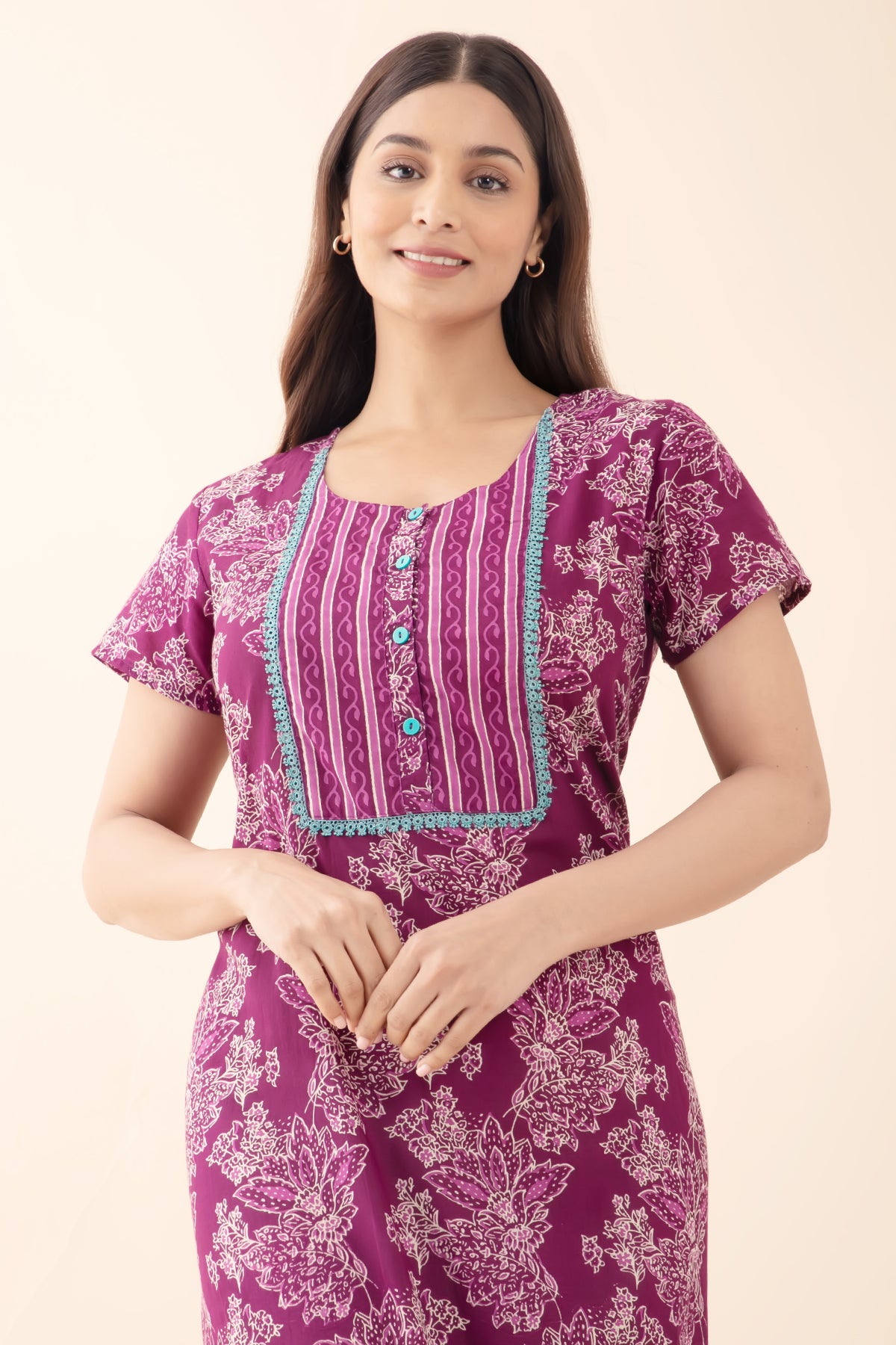 Floral Printed Nightwear with Lace-Embellished Yoke - Purple