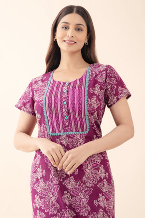 Floral Printed Nightwear with Lace-Embellished Yoke - Purple