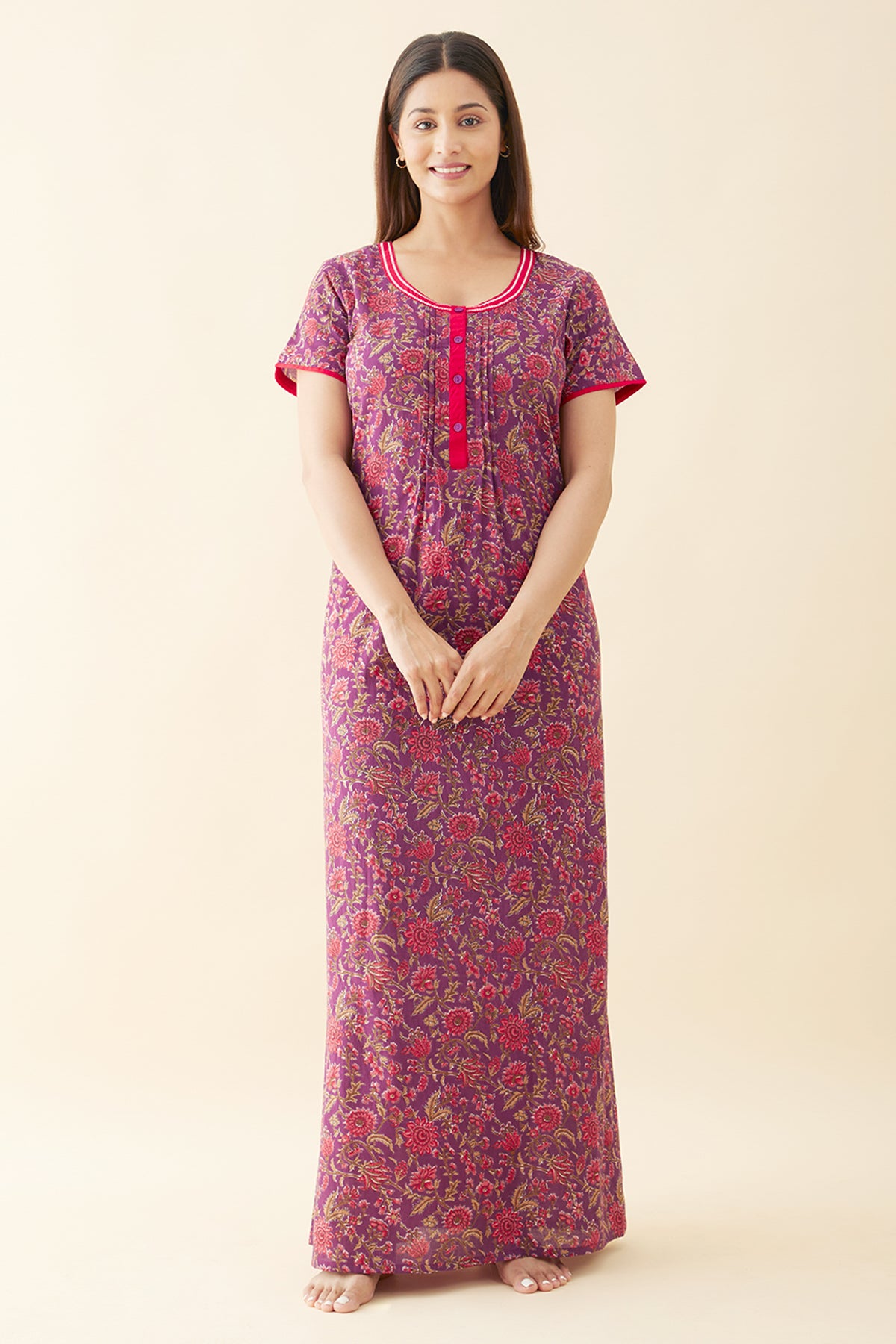 Jaipuri Floral Printed Nighty Purple