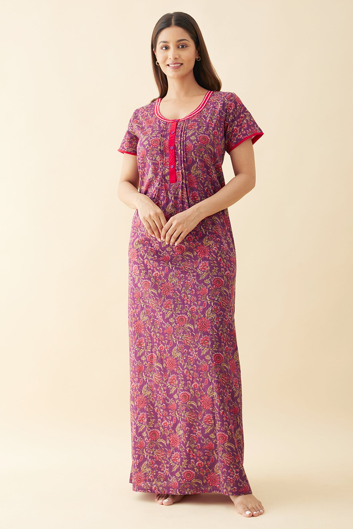 Jaipuri Floral Printed Nighty Purple