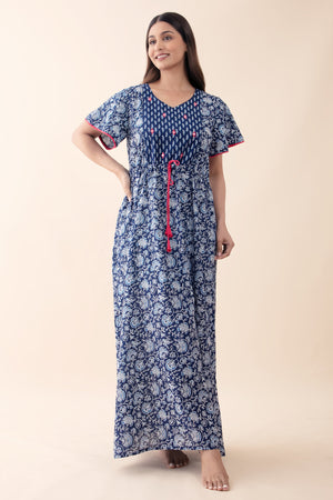 Indigo Printed Blue Nighty with Front Tie-up