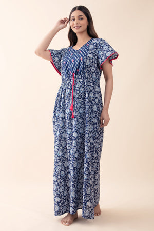 Indigo Printed Blue Nighty with Front Tie-up