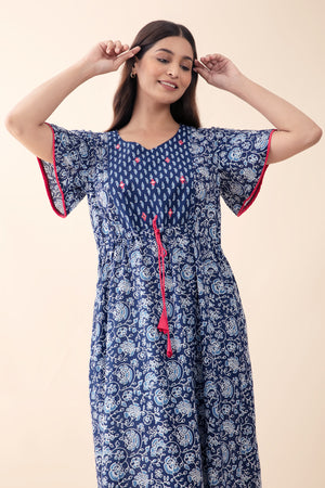 Indigo Printed Blue Nighty with Front Tie-up