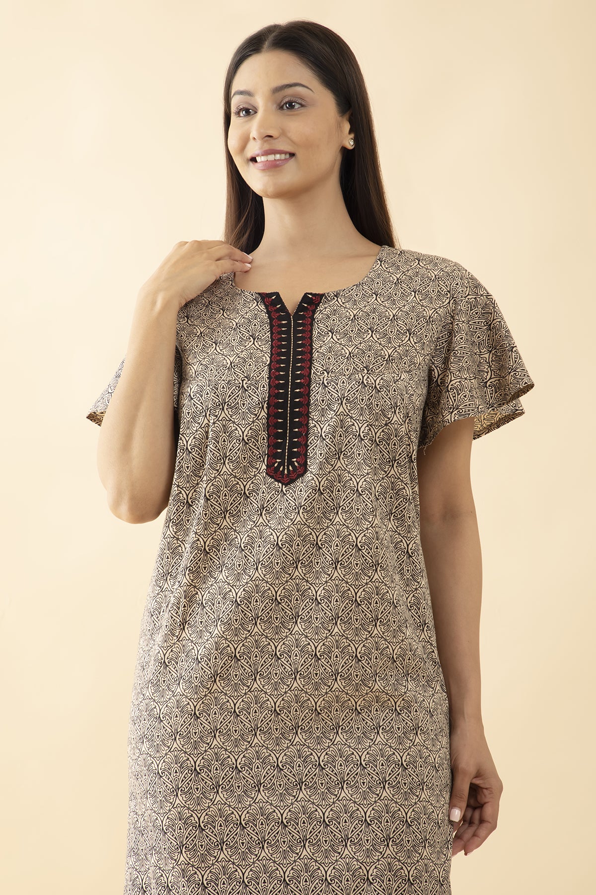 Floral Printed & Embroiderd Nighty - Black