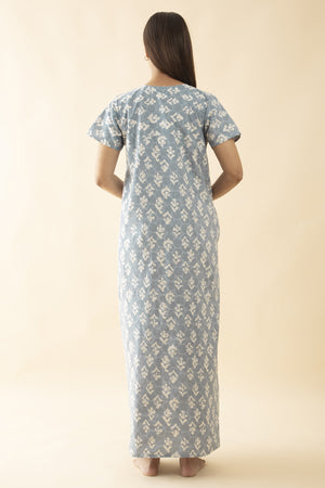 Abstract Printed & Embroidered Nighty - Powder Blue