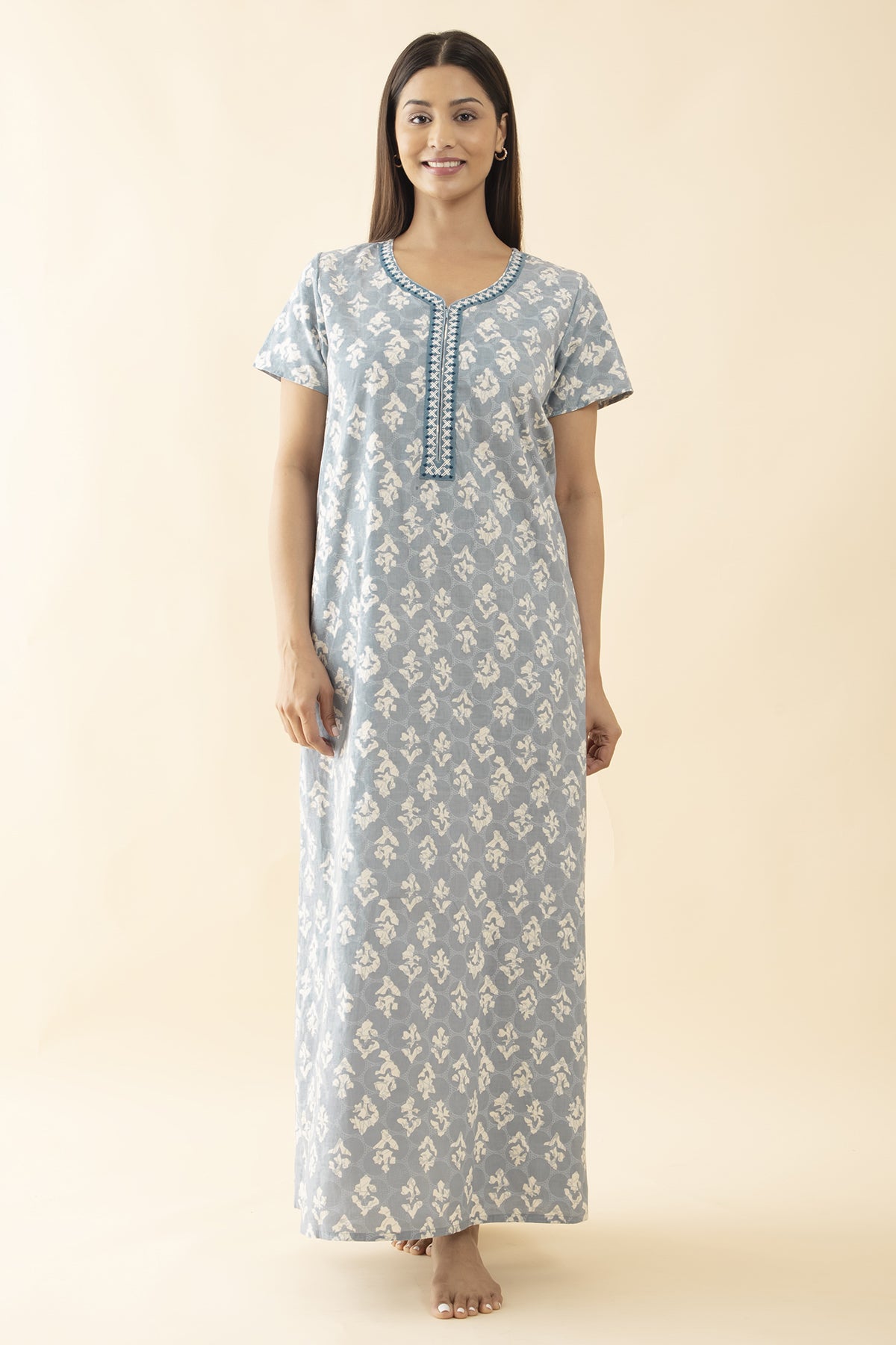 Abstract Printed & Embroidered Nighty - Powder Blue