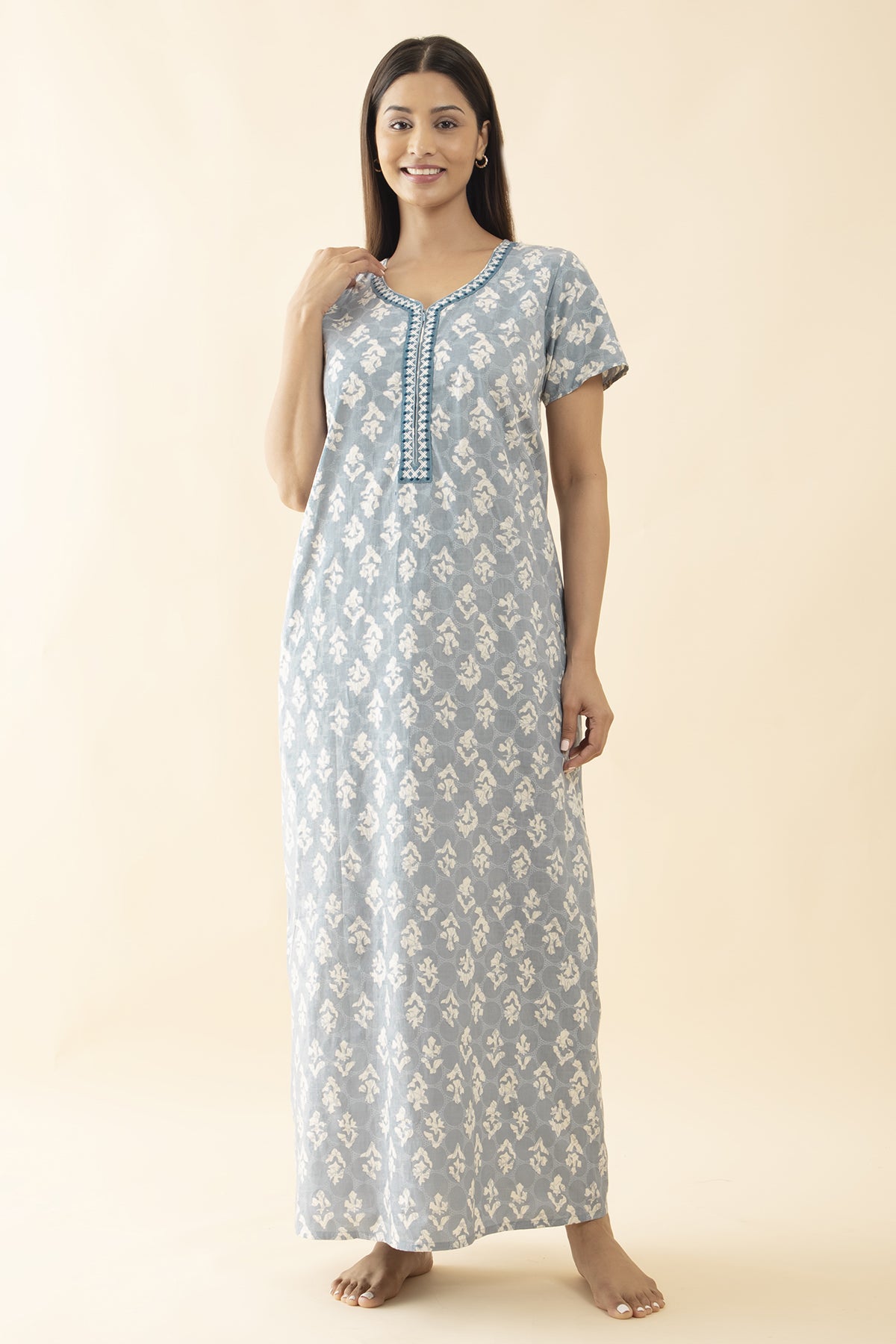 Abstract Printed & Embroidered Nighty - Powder Blue