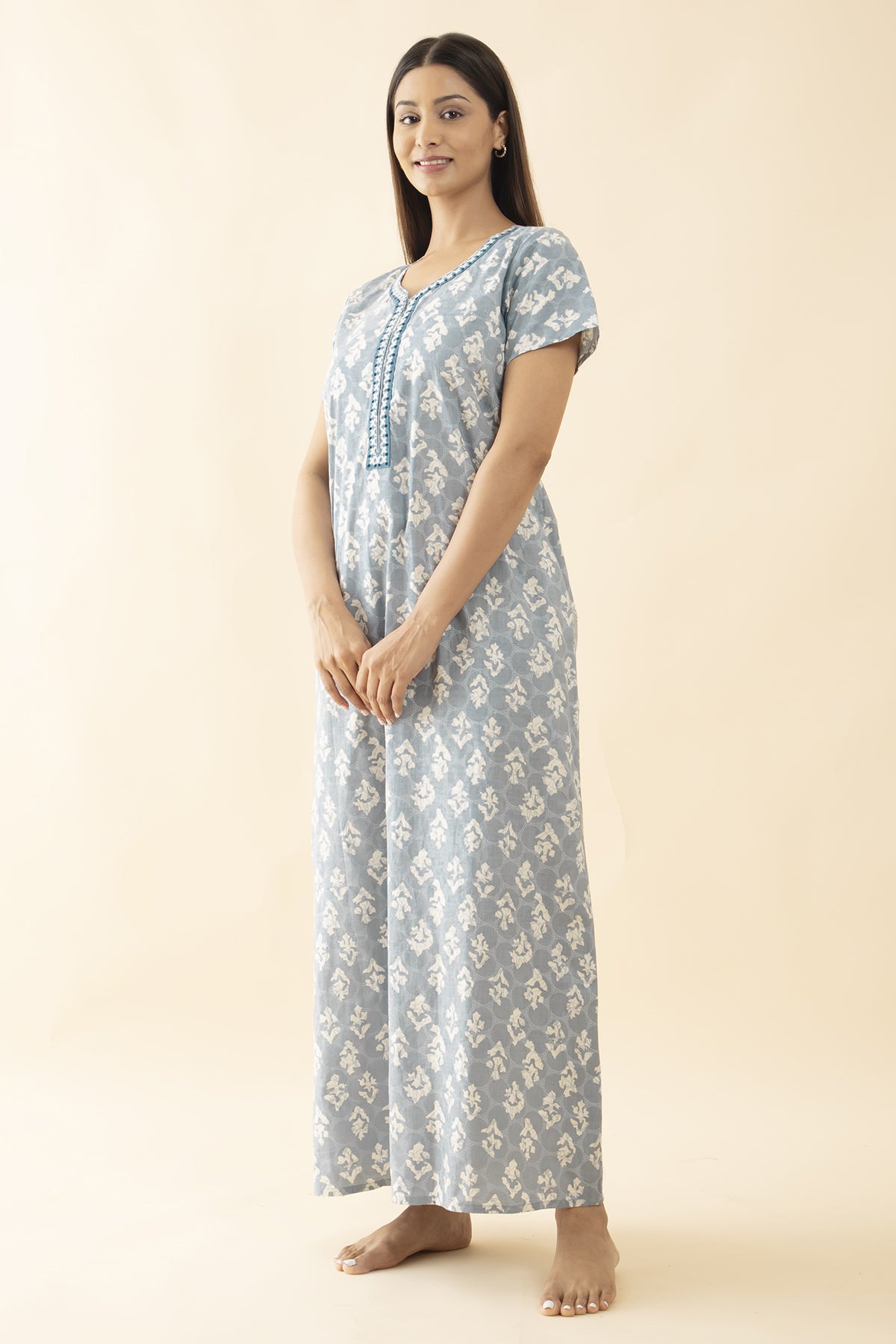 Abstract Printed & Embroidered Nighty - Powder Blue