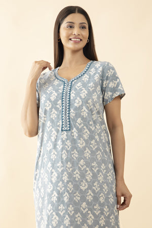 Abstract Printed & Embroidered Nighty - Powder Blue