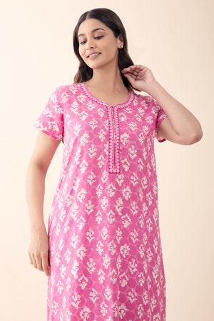 Abstract Printed & Embroidered Nighty - Pink