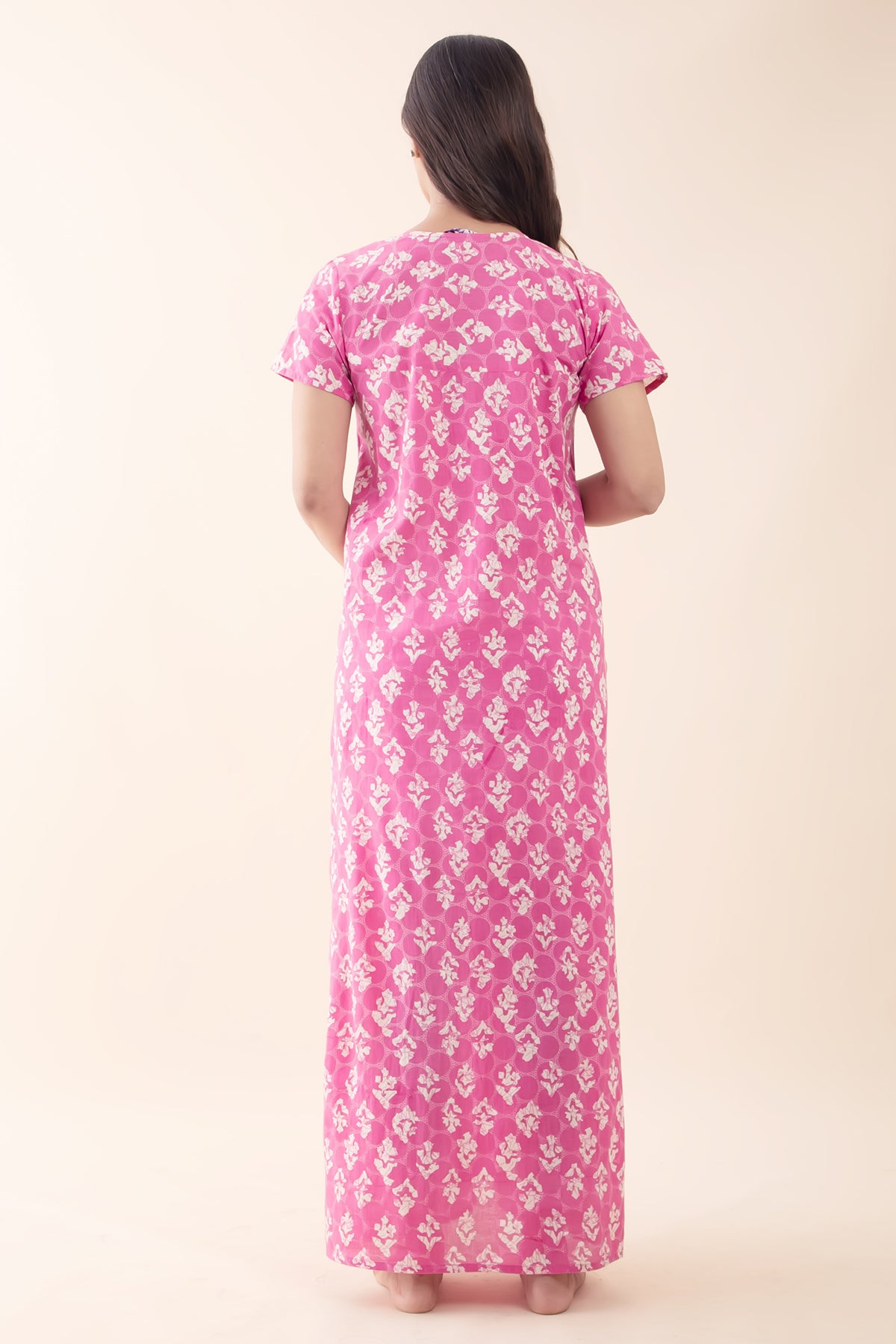 Abstract Printed & Embroidered Nighty - Pink