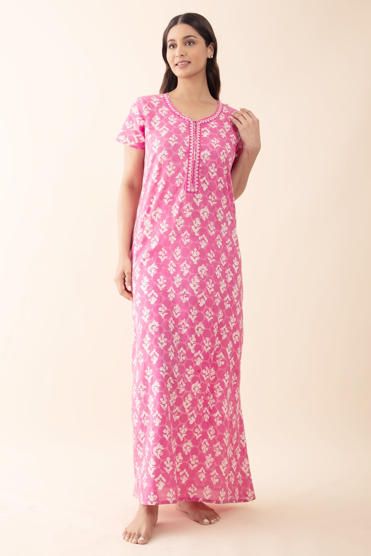 Abstract Printed & Embroidered Nighty - Pink