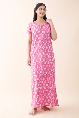 Abstract Printed & Embroidered Nighty - Pink