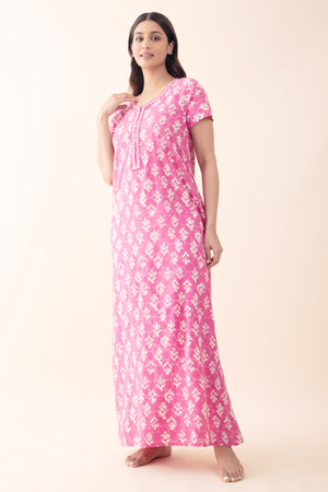 Abstract Printed & Embroidered Nighty - Pink