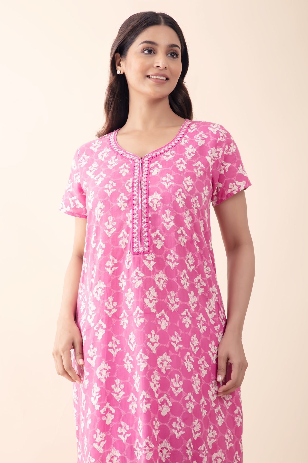 Abstract Printed & Embroidered Nighty - Pink