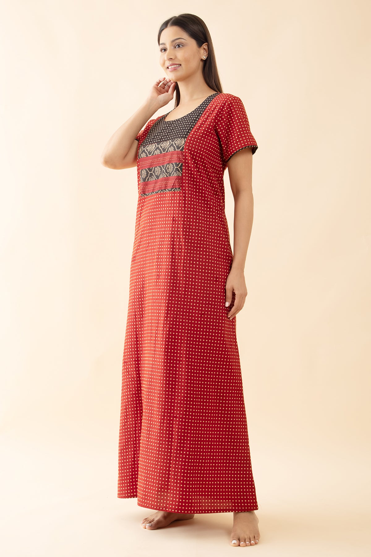 Polka Dots Printed Nighty - Rust