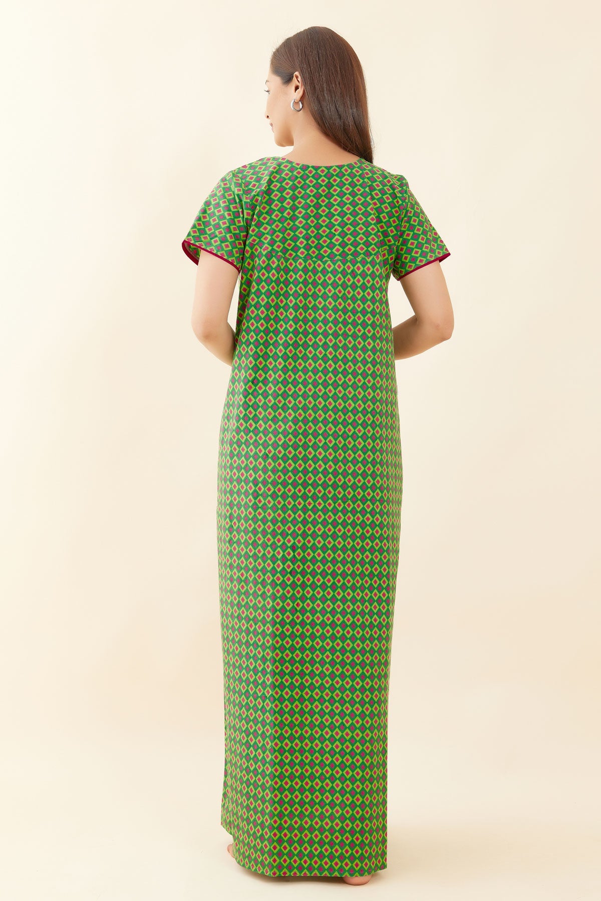 All Over Geometric Printed With Pleat Embellished Yoke Nighty - Green