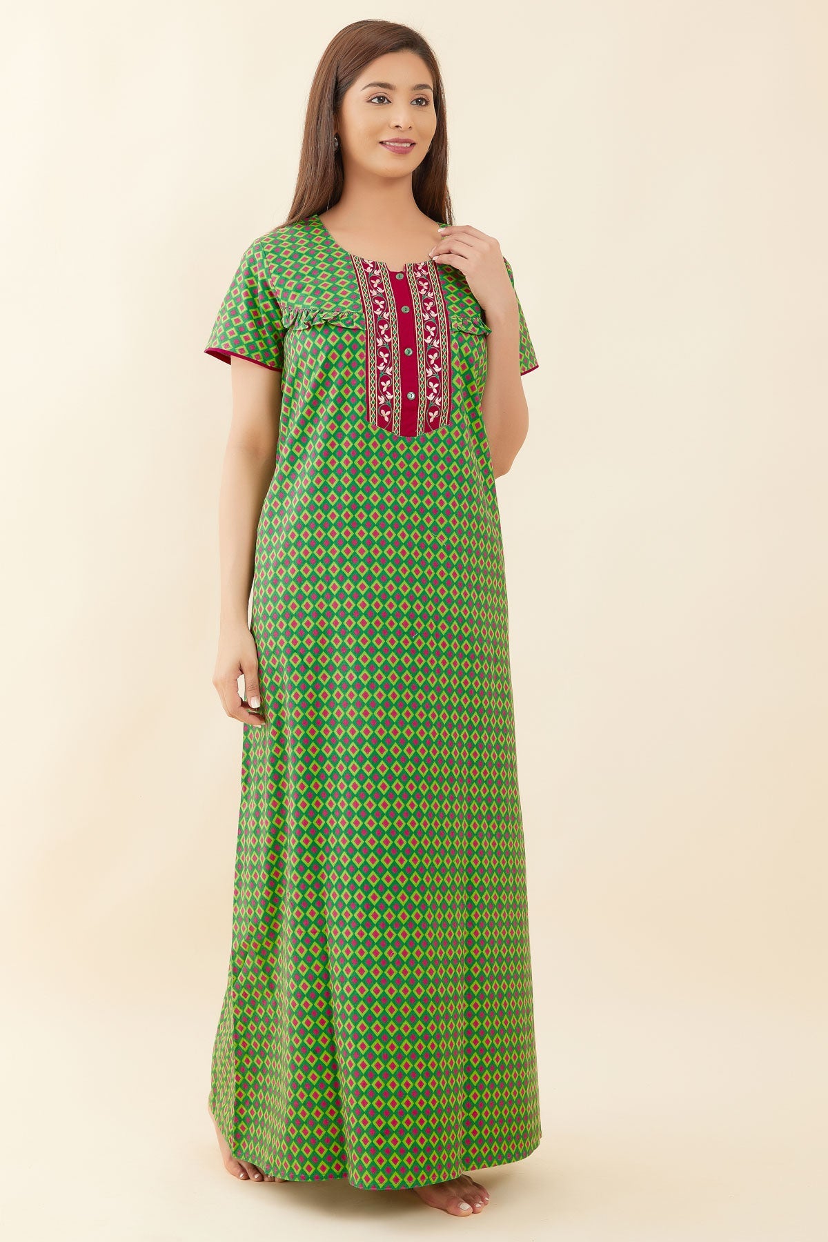 All Over Geometric Printed With Pleat Embellished Yoke Nighty - Green