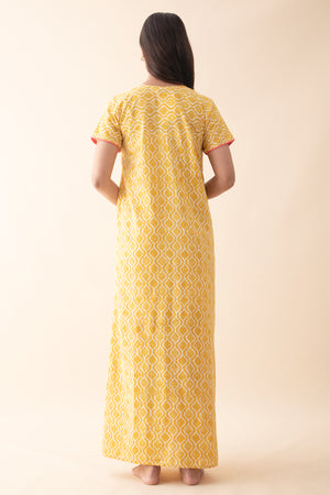 Printed Cotton Nighty with Lace Embellishment - Yellow