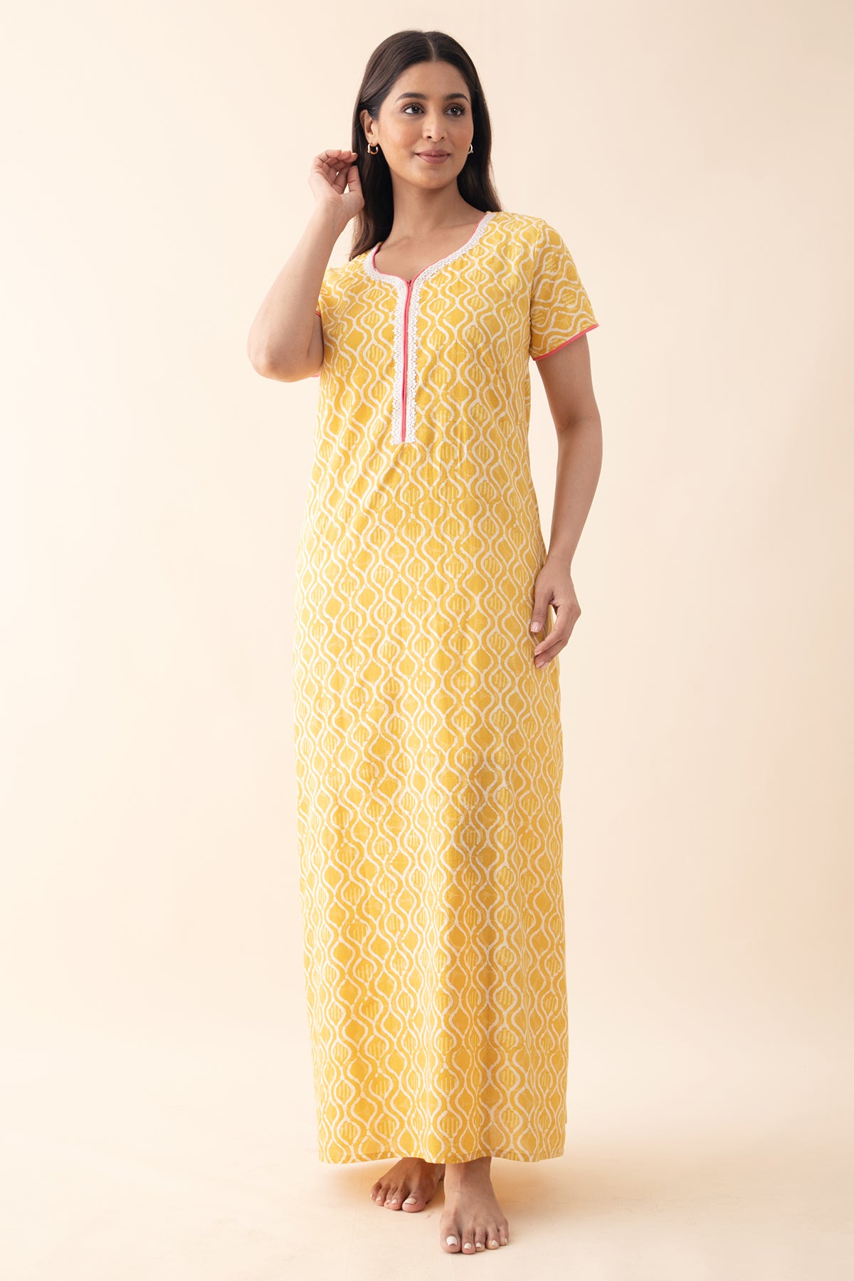 Printed Cotton Nighty with Lace Embellishment - Yellow