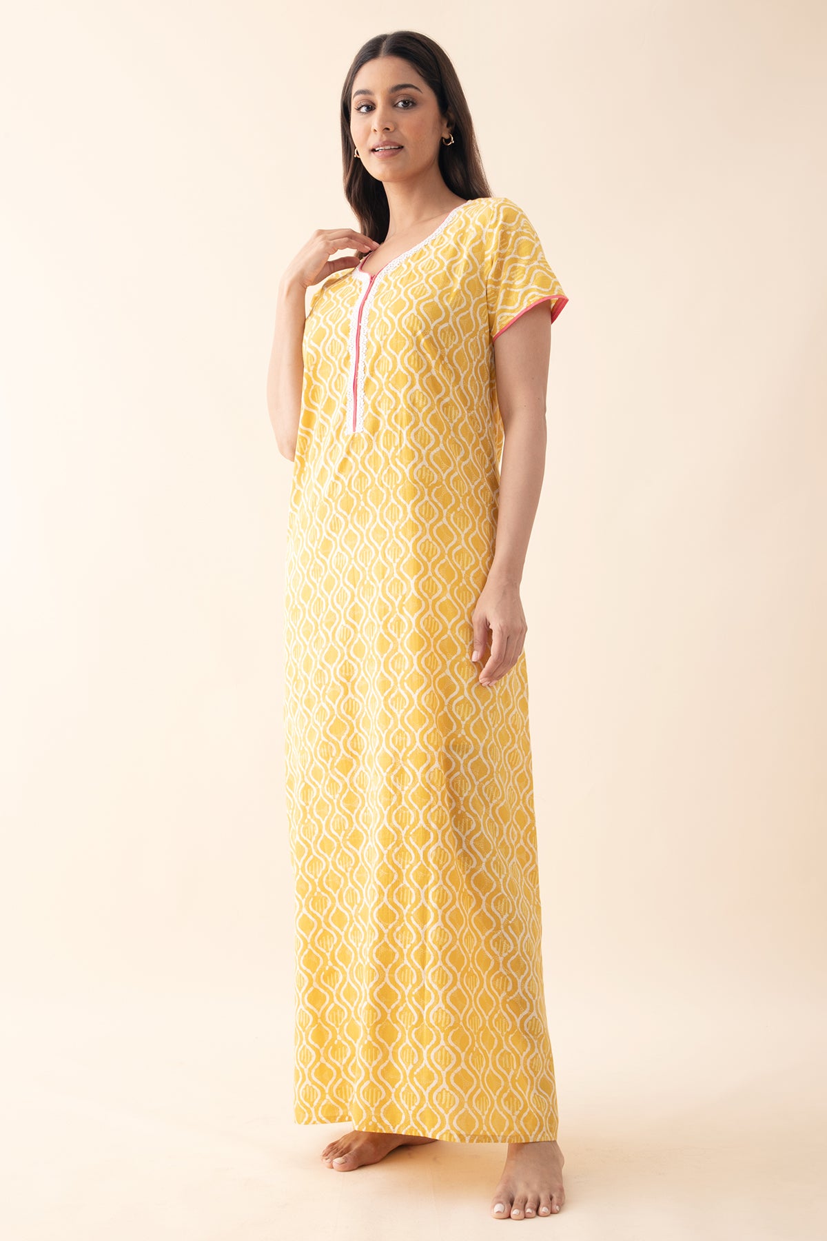 Printed Cotton Nighty with Lace Embellishment - Yellow