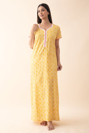 Printed Cotton Nighty with Lace Embellishment - Yellow