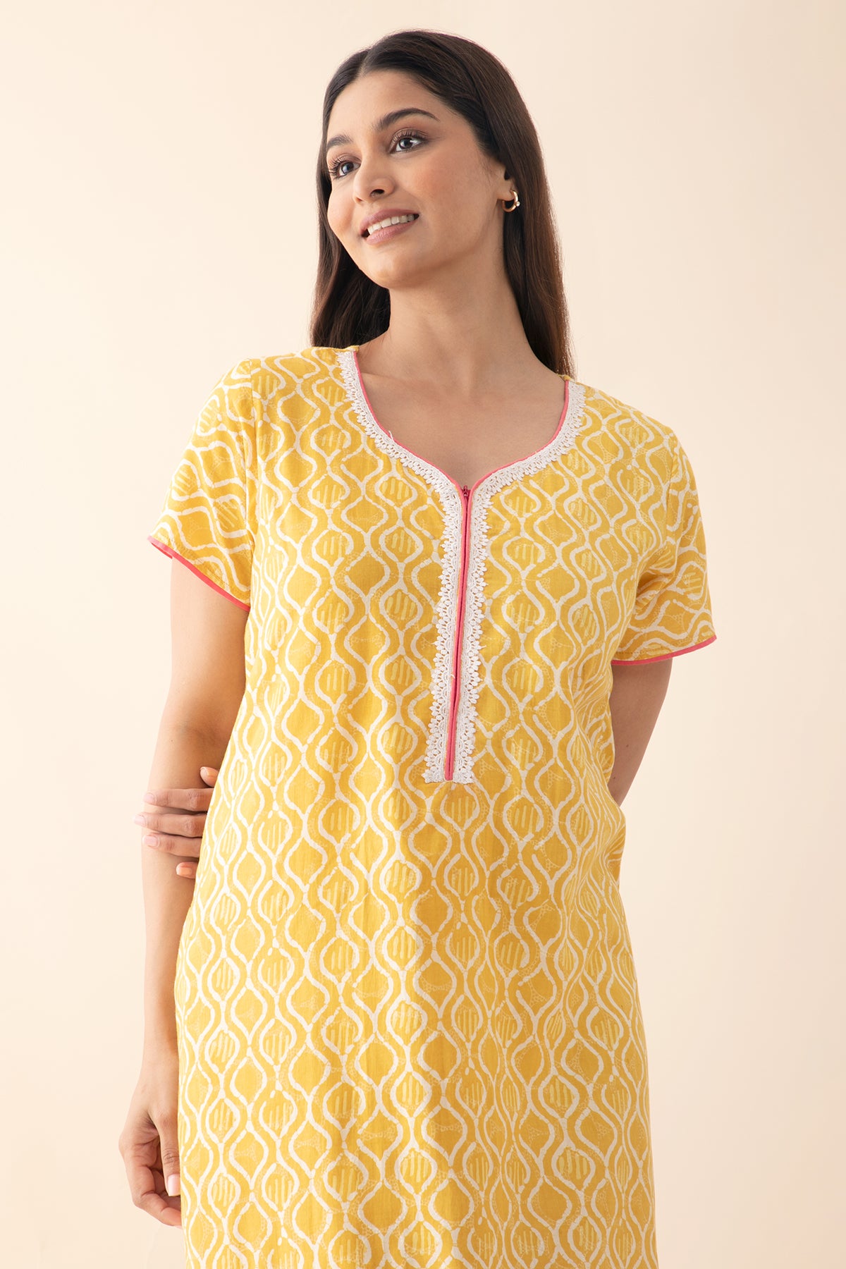 Printed Cotton Nighty with Lace Embellishment - Yellow