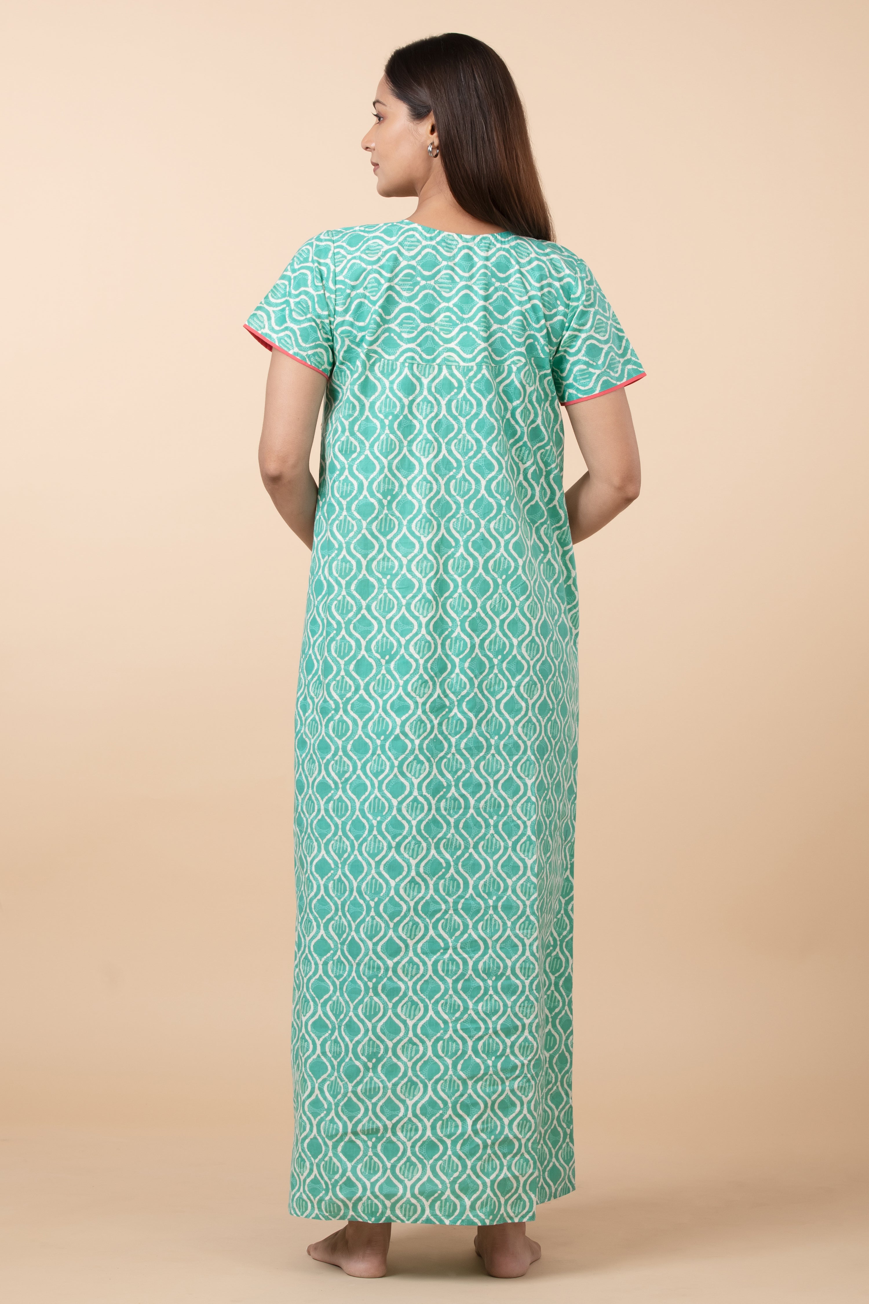 Printed Cotton Nighty with Lace Embellishment - Aqua Green