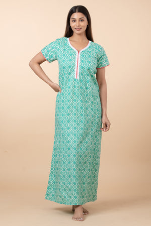 Printed Cotton Nighty with Lace Embellishment - Aqua Green