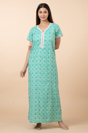 Printed Cotton Nighty with Lace Embellishment - Aqua Green